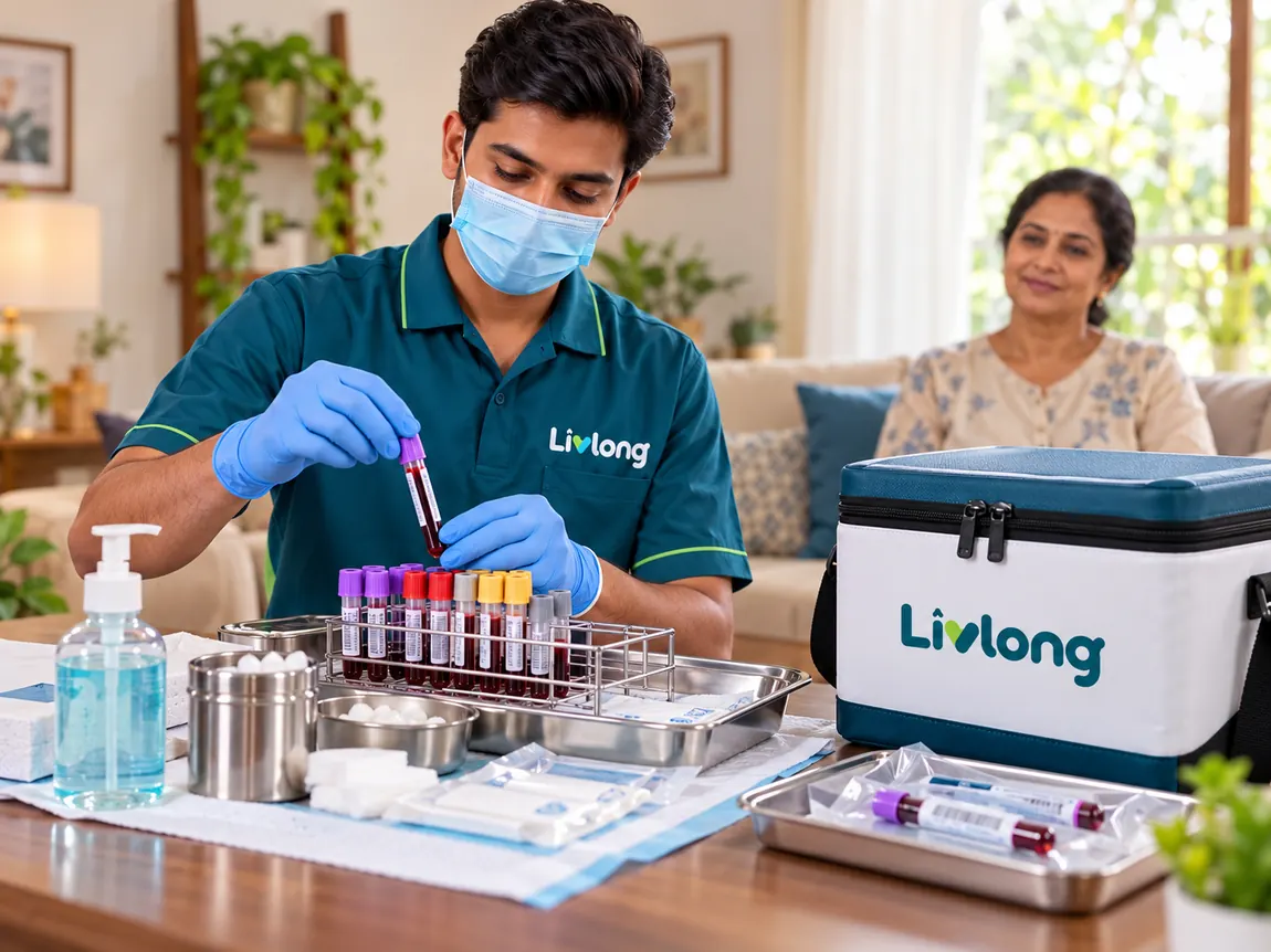 Livlong phlebotomist preparing identified samples and arranging the medical collection kit