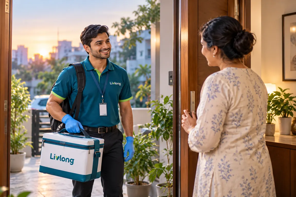 Livlong phlebotomist arriving at a home in the early morning with a collection kit