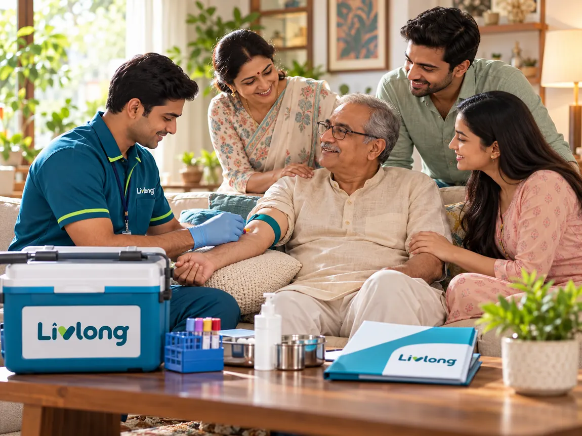 Livlong phlebotomist caring for an older adult with family members at home
